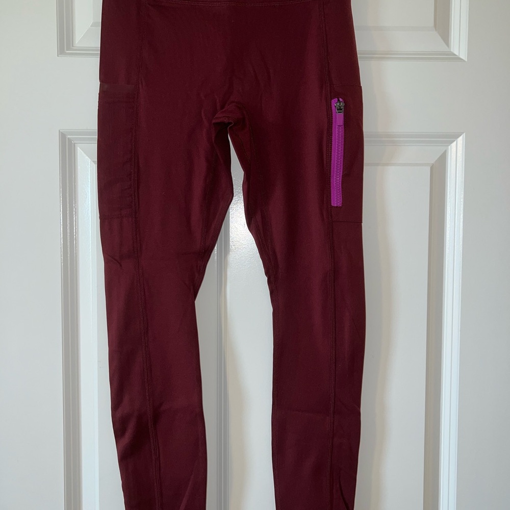 Fabletics Burgundy Leggings with Purple Zipper Small